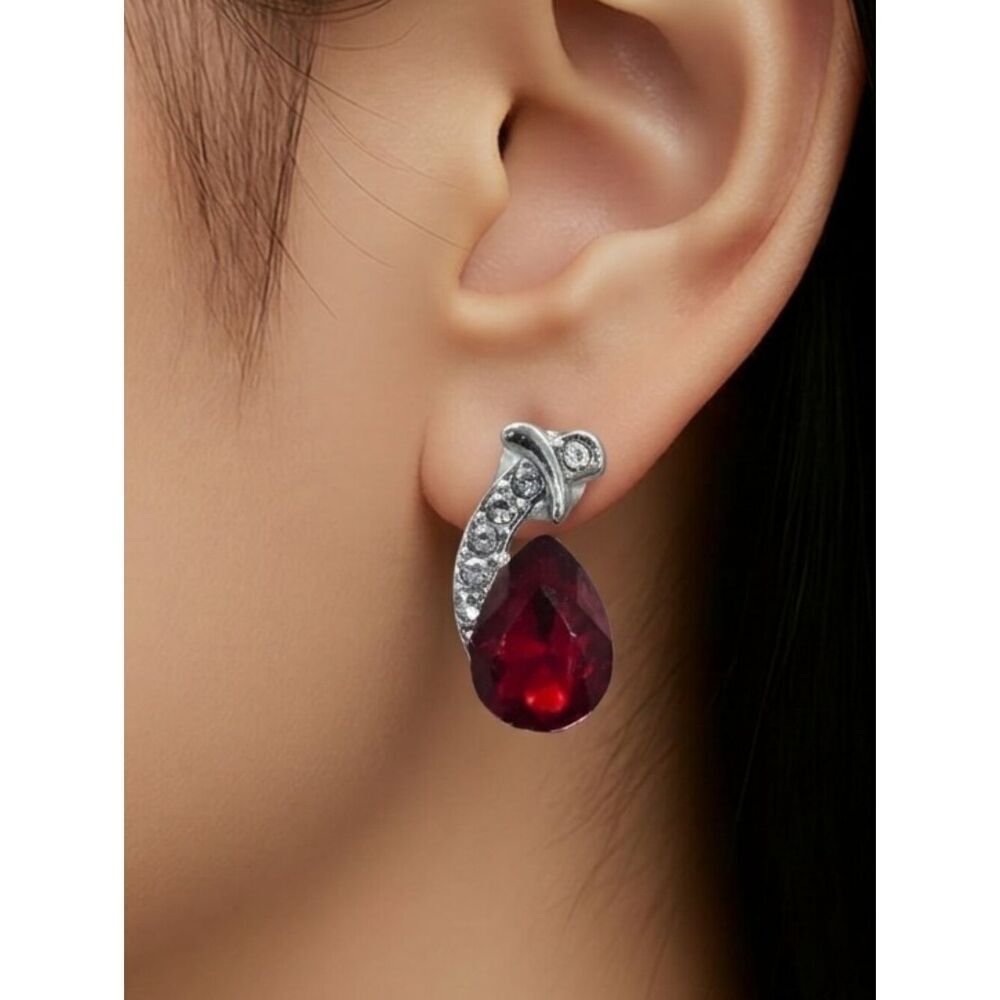 Striking Red Teardrop Gemstone Earrings Silver Pierced Women's Fashion Jewelry